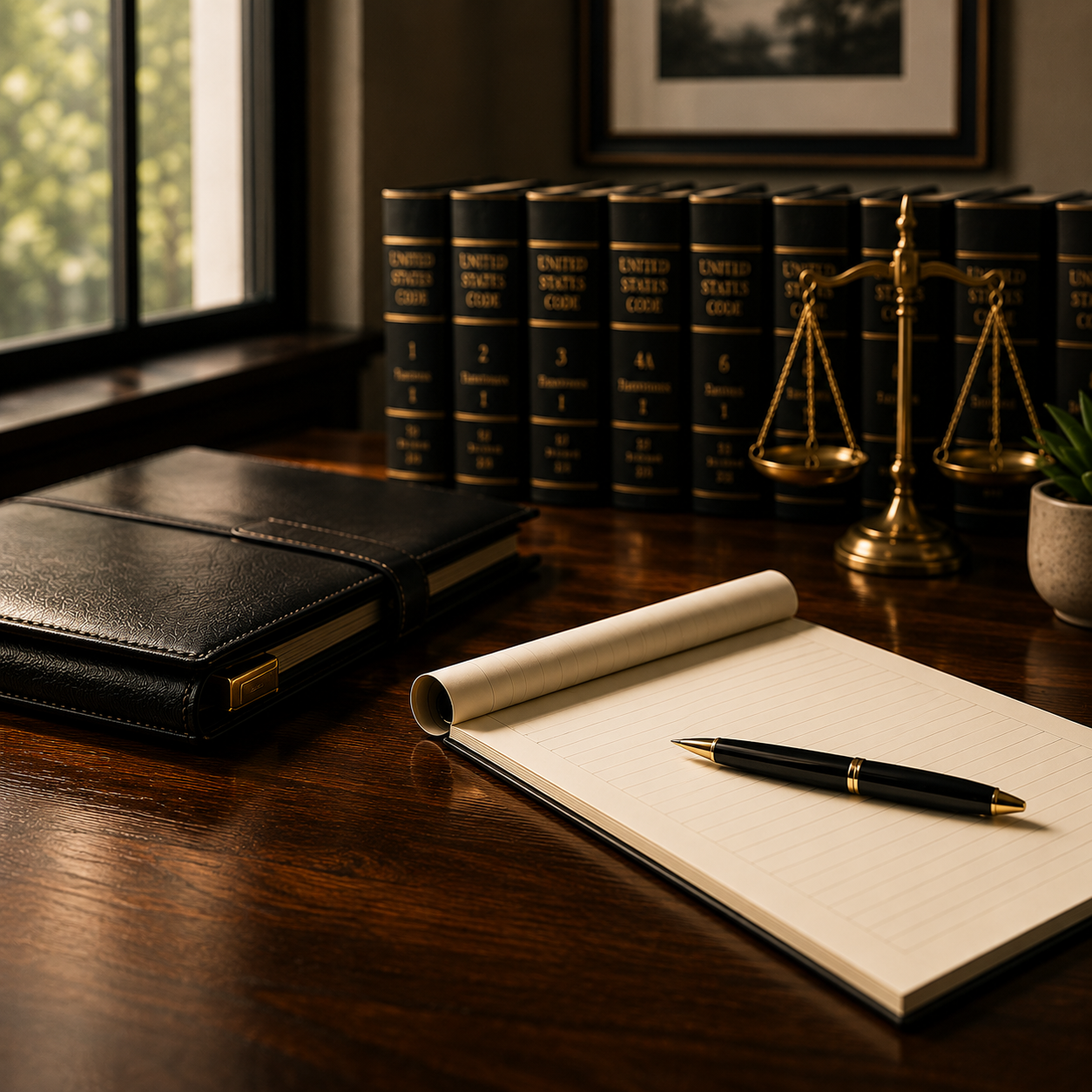 Law office desk with legal volumes, notepad, and pen